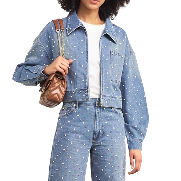 NWT Sandro Embellished Denim Jacket Pearl Crystal Studded Blue Cropped Sz 4 - Picture 2 of 14